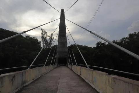 Pedestrian cable-stayed bridge over Piracicaba River turbulent waters. Stock Photos