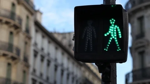 Pedestrian crossing traffic light changing from green to red, stop signal Stock Footage 98100234
