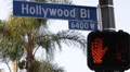 Pedestrian Crosswalk Hollywood Sign LA Palm Trees Keep Walking Stand Red White HD Footage
