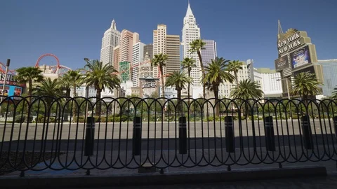 Pedestrian guard rails move in the foreground of the New York New York Stock Footage 129287939