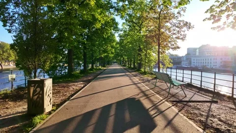 Pedestrian Path with Benches and Trees Along Seine River in Morning Light, Paris Stock Footage 335983994