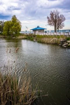 Pedestrian path between a marsh and lake Ontario at Pickering, Canada Stock Photos