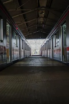 Pedestrian path on the platform in the station in the middle of two trains Foto stock