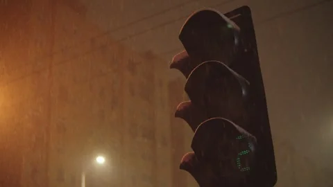 Pedestrian Signal Countdown Timer Glowing in Heavy Snowfall at Night Stock Footage 339062217