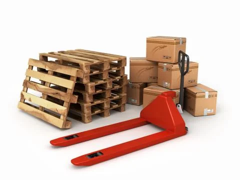Pedestrian stacker for pallets and pallets with boxes lying next to it are .. Stock Illustration