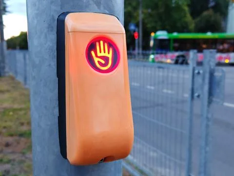 Pedestrian Traffic Light Push Button with Red Don't Walk Hand Signal Stock Photos