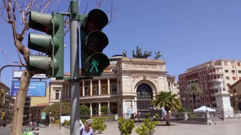 Pedestrian Traffic Light Turns Green at Teatro Politeama Palermo Sicily Italy Stock Footage 345148654