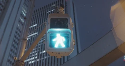 Pedestrian traffic signal changes from red to green at night in Shinjuku, Tokyo Stock Footage 124034269