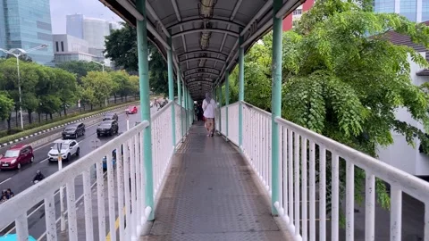 Pedestrian walking across a covered overpass bridge. 库存影片 333938112