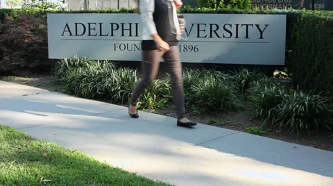 Pedestrian walking by Adelphi University sign (1 of 2) Stock Footage 32625764