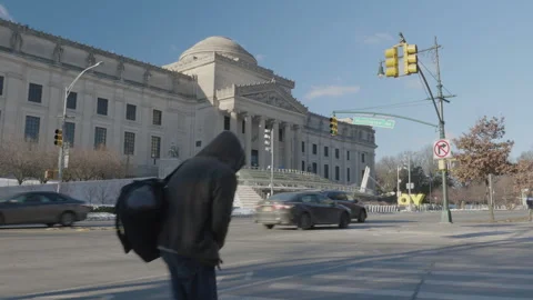 Pedestrian walking by The Brooklyn Museum Stock Footage 266975146