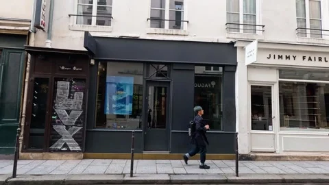 Pedestrian Walking Past Storefronts Stock Footage 289585847