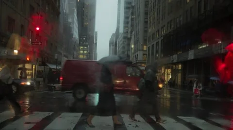 Pedestrian walking in street during rainfall, New York City, USA Stock Footage 61132771