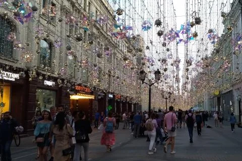 Pedestrian zone with lighting decorations. Evening. Moscow Stock Photos