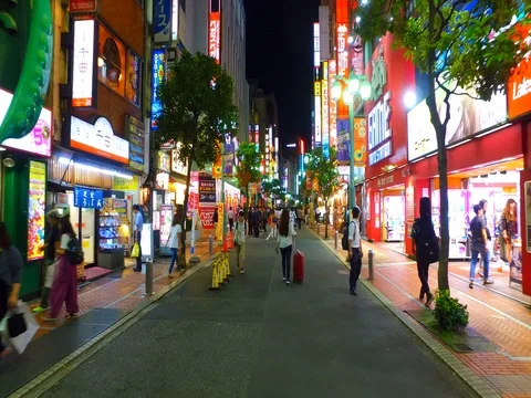 Pedestrian zone of Musashino street shinjuku Tokyo at night Stock Footage