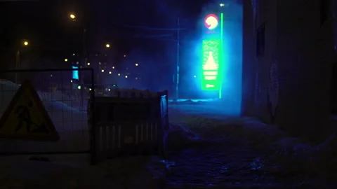 The pedestrian zone is undergoing renovation work and a fence and a road sign Stock Footage 146408149