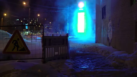 The pedestrian zone is undergoing renovation work and a fence and a road sign Video stock 146409915