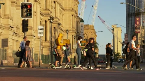 Pedestrians and buses slow motion in Brisbane 4K Video stock 164697761