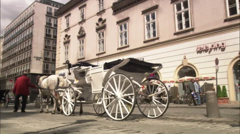 Pedestrians and horse-drawn carriages on a Vienna street Stock Footage 59334688