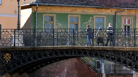 Pedestrians on the bridge Stock Footage 76442573