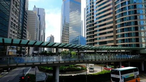 Pedestrians, Buses And Traffic In Central District Hong Kong Stock Footage 79054331