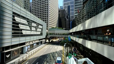 Pedestrians, Buses And Traffic In Central District Hong Kong Stock Footage 79054875