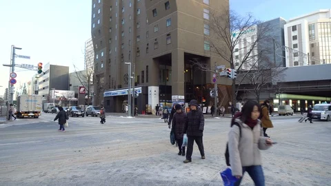 Pedestrians Crossing Slippery Ice Covered Street - Sapporo, Japan - December, Stock Footage 101053252
