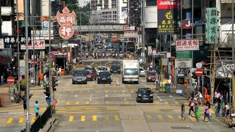 Pedestrians & Traffic in Mong Kok Hong Kong China  „ Daytime Stock Footage