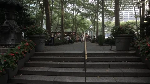 Pedestrians Walk Up and Down Park Stone Stairs Stock Footage 341323887