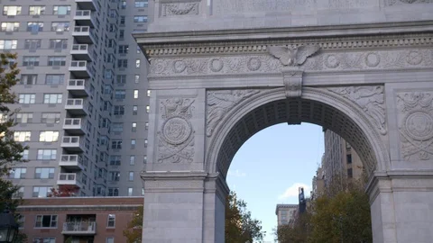 Pedestrians Walk By Impressive Washington Square Arc Heart Of New York Stock Footage 113826643