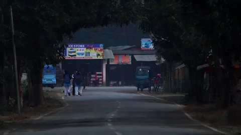 Pedestrians walking along tree-lined road near local shops in Assam Stock Footage 326988257