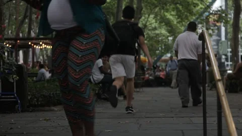 Pedestrians walking through a bustling public park walkway Vidéo 341323869