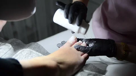 Pedicure Master Applying Foot Powder During Professional Pedicure Close Up Stock Footage 340146183
