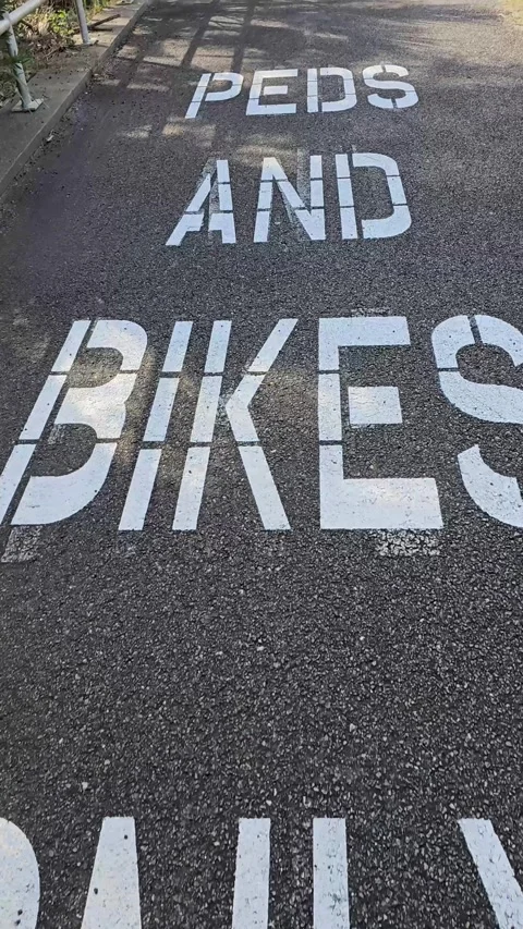 Peds and bikes only sign painted on asphalt path vertical video Stock Footage 329933729