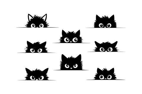 Peeking Cat Silhouettes Collection. Vector icon. Stock Illustration
