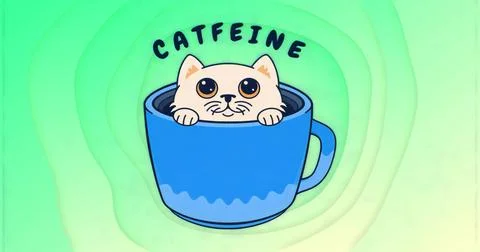 Peeking cream-colored cat peering from blue coffee mug on green yellow rings, Stock Illustration