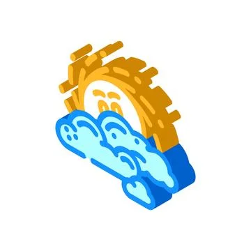 Peeking through clouds sun character isometric icon vector illustration Stock Illustration
