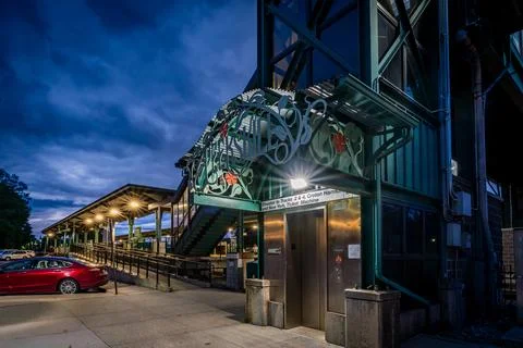 Peekskill Metro-North Station features an illuminated canopy Stock Photos