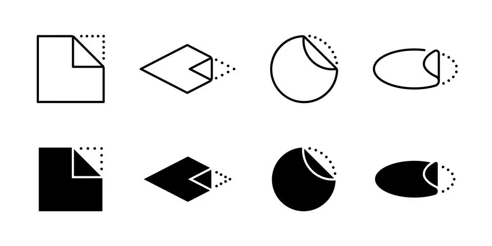 Peel off sticker icon set. Open here symbol. Adhesive paper vector illustra.. Stock Illustration