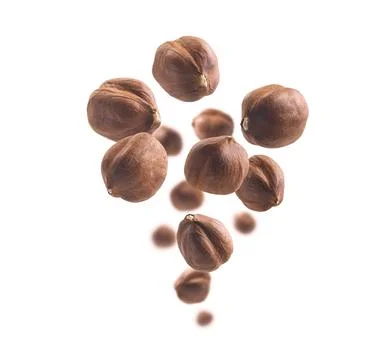 Peeled hazelnut levitates on a white background Stock Photos
