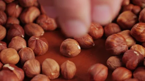 Peeled hazelnut on red plate close-up macro. Hazelnuts without shell. Man hand Stock Footage 256857457