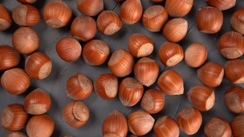 Peeled hazelnuts pattern, top view. Bio nuts on gray background. Stock Footage 167567984