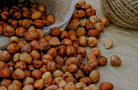 Peeled hazelnuts scattered on the table in close-up, a dietary dish... Stock Photos