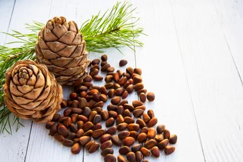 Peeled kernels of cedar nuts in a spoon, two pine cones, green branches Stock Photos