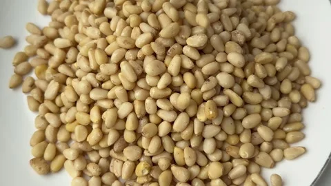 Peeled pine nuts are poured into a wooden bowl in slow motion. Pine nut kernels Stock Footage 320679805