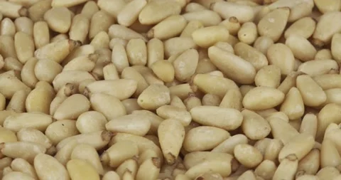 Peeled pine nuts closeup rotating selective focus Stock Footage 155752445