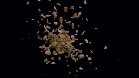 Peeled pumpkin seeds falling on black background. slow motion Stock Footage 221495965