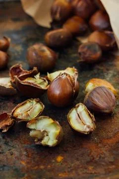Peeled roasted chestnuts Stock Photos