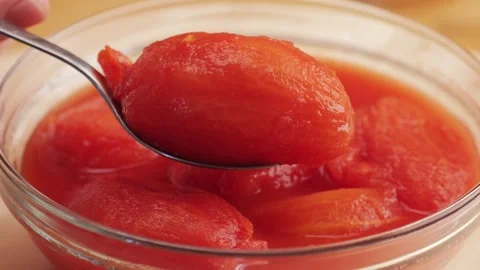 Peeled tomatoes texture, fresh canned tomato Juice sauce, bowl with peeled Stock Footage 270098754