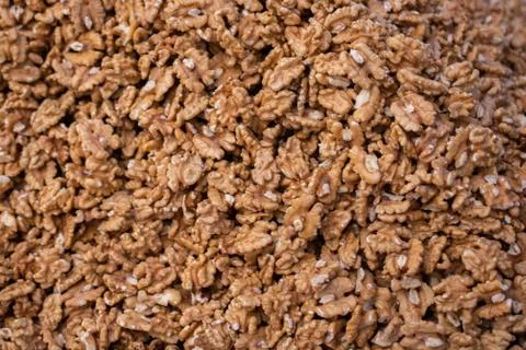 Peeled Walnuts without shell heap pattern as organic food background Stock Photos